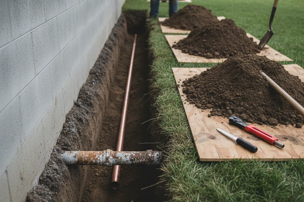 Excavated water line trench during Water Softener Installation in Allgood